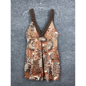 Islander Swimsuit Women 16 Brown Geometric Print V-Neck Swimdress Excellent